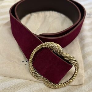 Sezane Burgundy Suede Belt with Gold Buckle